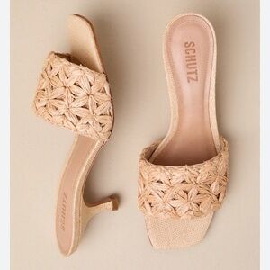 Lulu's SCHUTZ Dethalia Straw Raffia Kitten Heel Slide Sandals 9.5B
